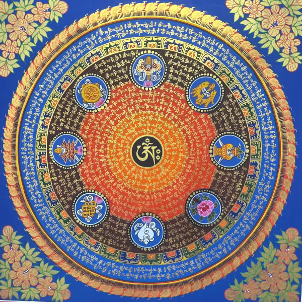 Handmade Mantra Mandala Thangka | Om Mani Padme Hum Wall Art | Tibetan Buddhist Sacred Geometry | Spiritual Meditation Decor