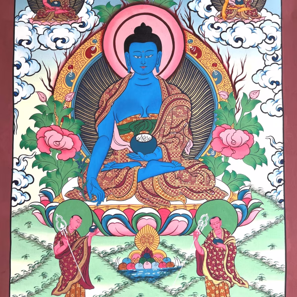 Medicine Buddha Thangka | Tibetan Healing Wall Art | Bhaisajyaguru Hand-Painted Buddhist Painting