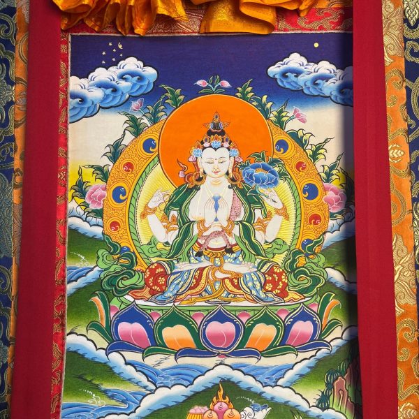 Chenrezig Brocade Thangka | Avalokiteshvara Tibetan Wall Art | Compassion Buddha Painting | Handmade Buddhist Decor
