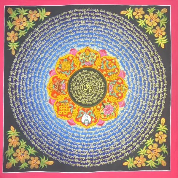 Hand-Painted 8 Auspicious Mandala Thangka with Mantra | Spiritual Wall Art