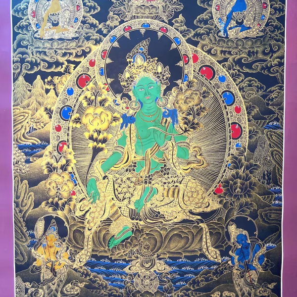 Handmade Green Tara Thangka – Tibetan Buddhist Goddess Art – Spiritual Wall Decor – Meditation Room Painting – Made in Nepal